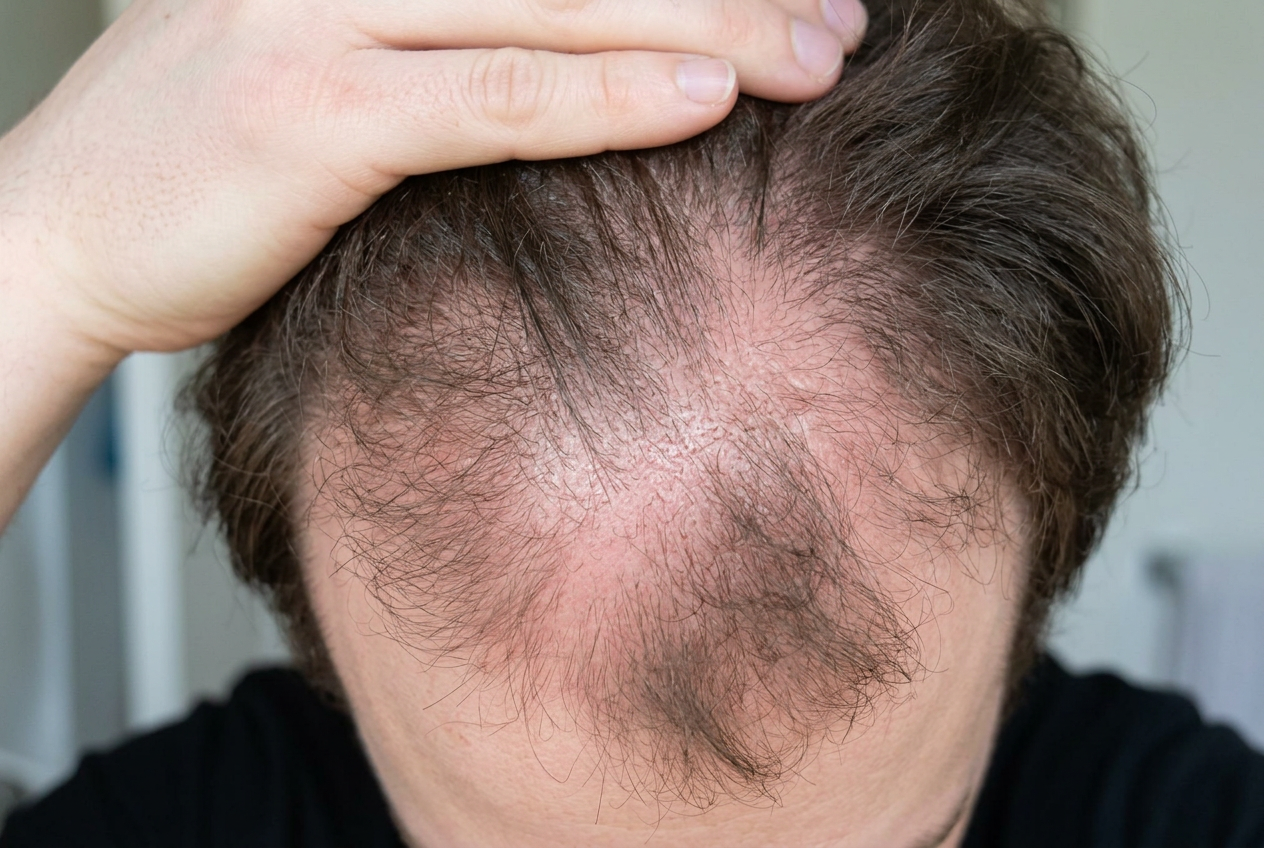 Entzündete, gerötete Kopfhaut als typische Minoxidil-Nebenwirkung