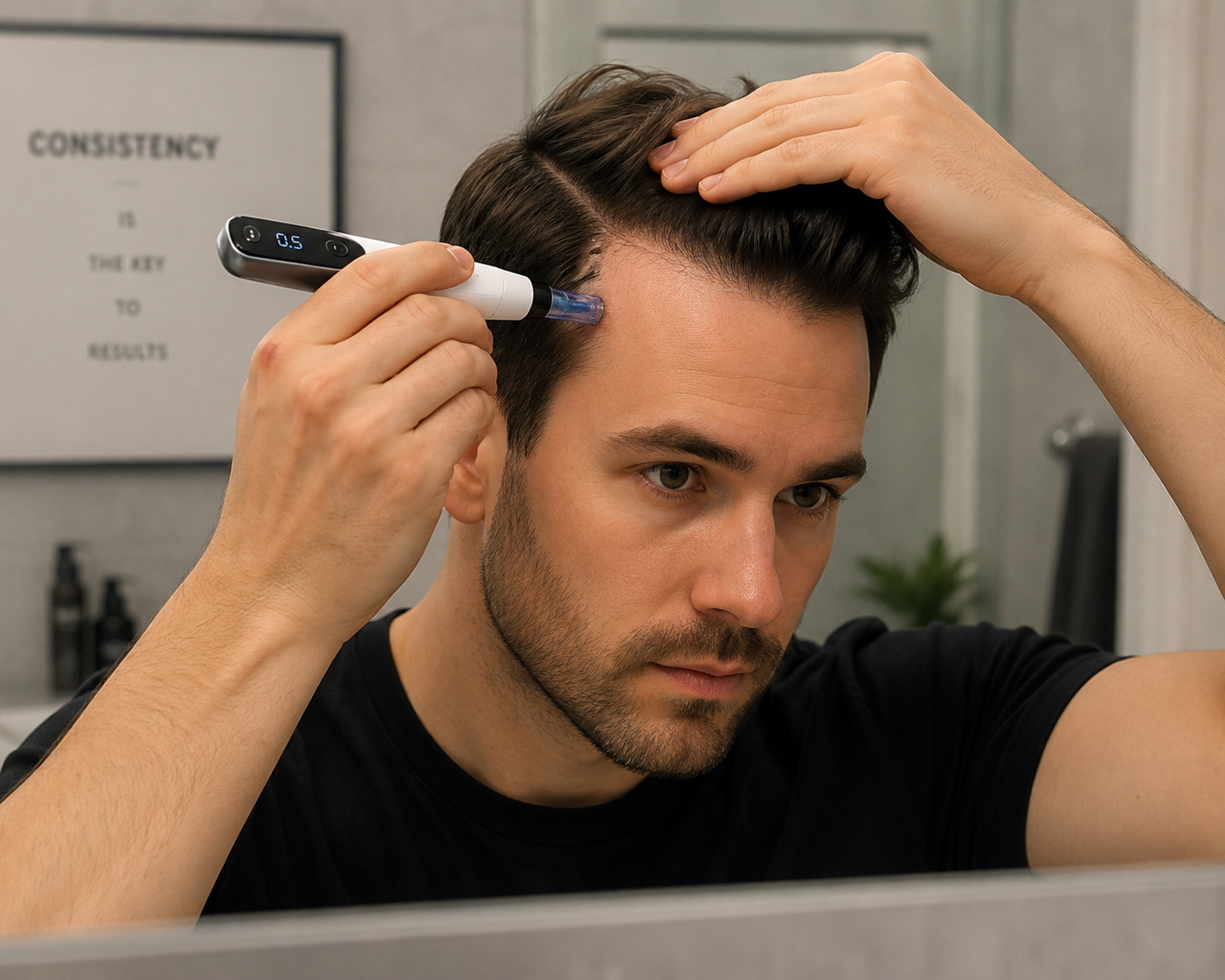 Mann führt Microneedling mit einem elektrischen Microneedling-Pen an der Kopfhaut durch