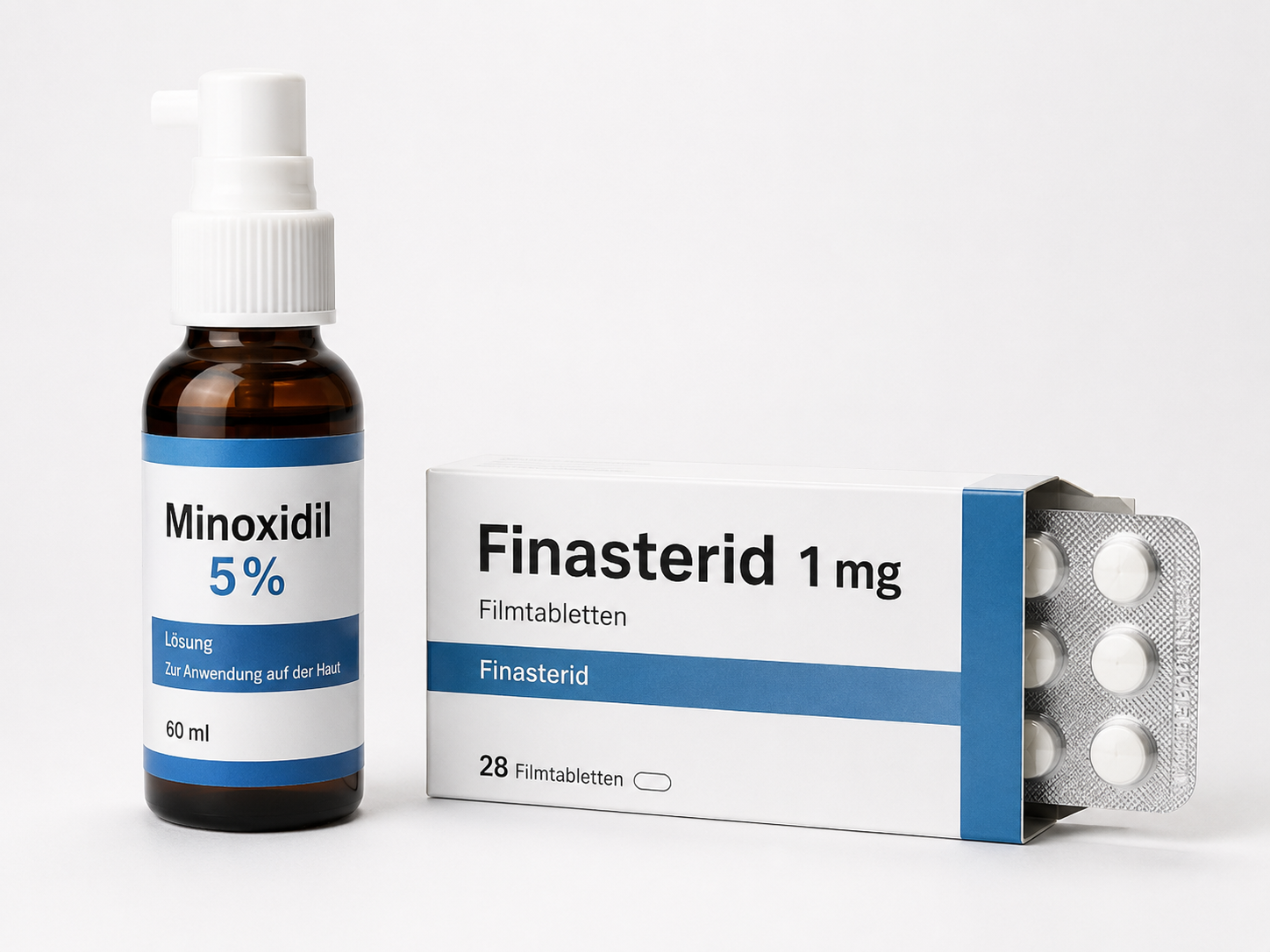 Minoxidil 5% Lösung und Finasterid 1 mg Filmtabletten nebeneinander